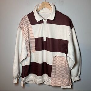 Patchwork-style Rugby Polo 1/4 Zip Collar Shirt Women’s XL Fleece Sleeves